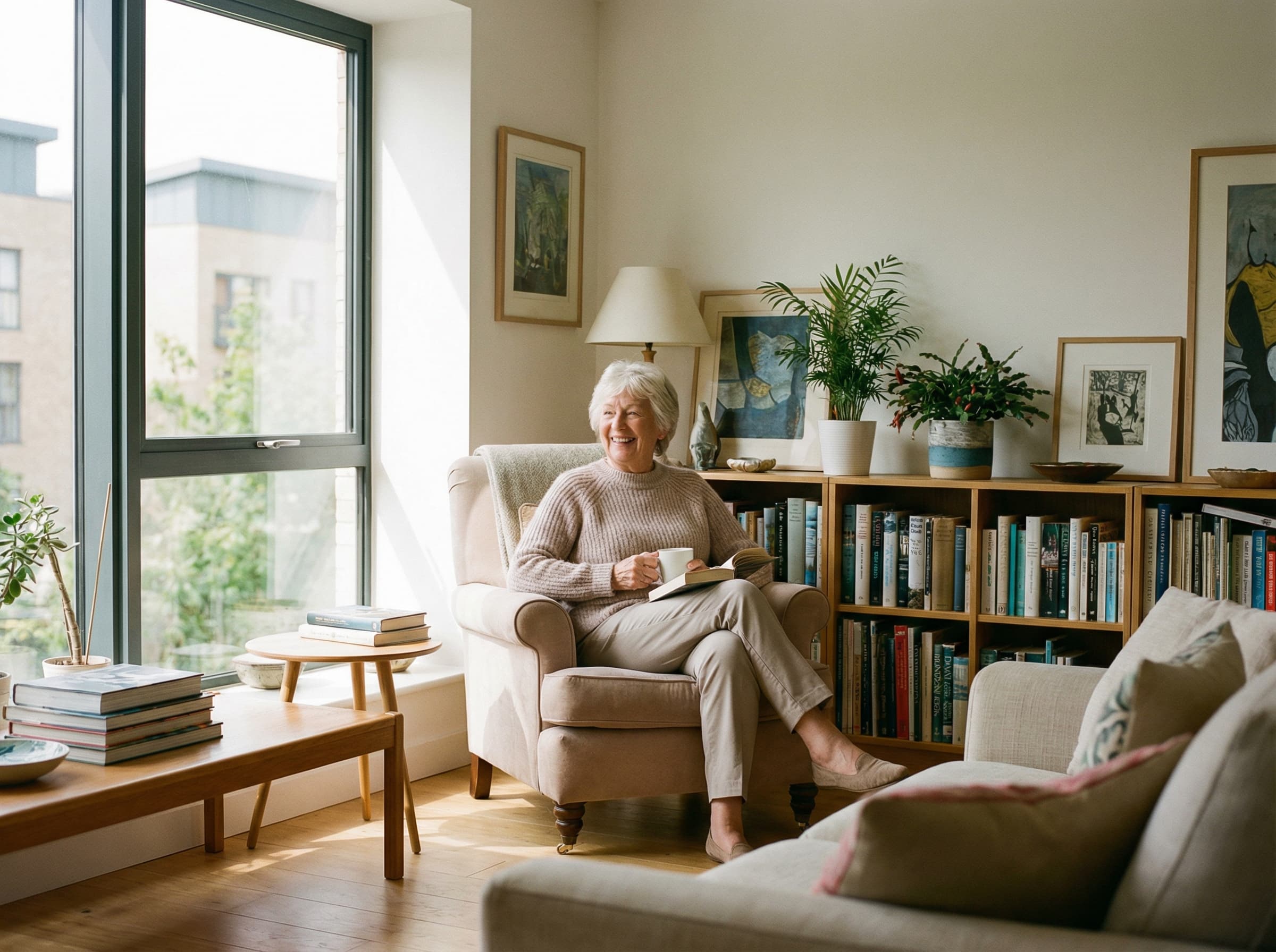 Active senior sitting comfortably at home
